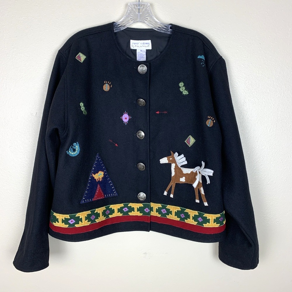 Vintage Casey Coleman Jacket Size XL Wool Blend Applique Western Southwest Aztec